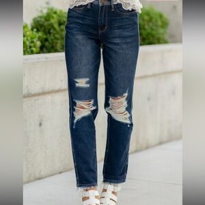 NWT Judy Blue Dark Blue Distressed Straight Leg Jeans, New